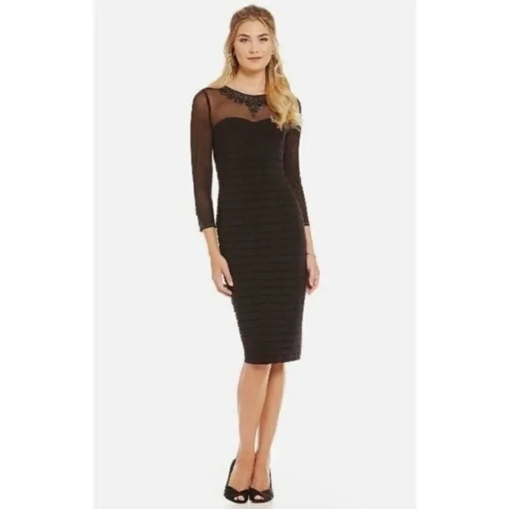 Adrianna Papell Black Long Sleeve Cocktail Knee Length Dress 8